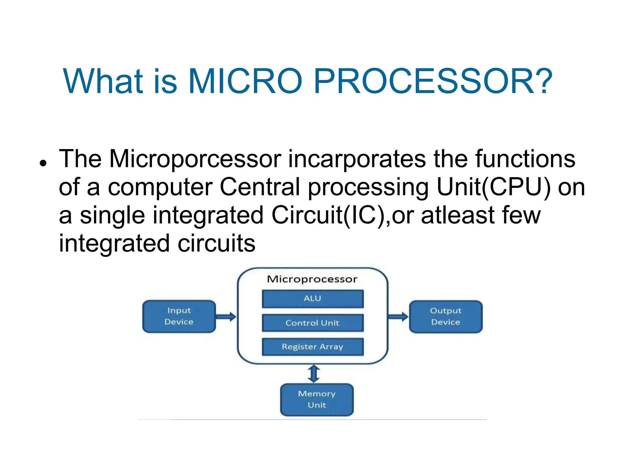 What is MICRO PROCESSOR?
 The Microporcessor incarporates the functions
of a computer Central processing Unit(CPU) on
a single integrated Circuit(IC),or atleast few
integrated circuits
 