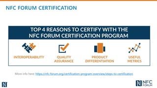 NFC FORUM CERTIFICATION
More info here: https://nfc-forum.org/certification-program-overview/steps-to-certification
 