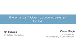 The emergent Open Source ecosystem
for IoT
1
Param SinghIan Skerrett
VP, Eclipse Foundation CEO Iotracks
IoT advisor city of San Francisco
 