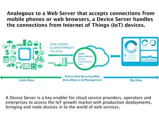 Analogous to a Web Server that accepts connections from
mobile phones or web browsers, a Device Server handles
the connections from Internet of Things (IoT) devices.
A Device Server is a key enabler for cloud service providers, operators and
enterprises to access the IoT growth market with production deployments,
bringing end node devices in to the world of web services.
 