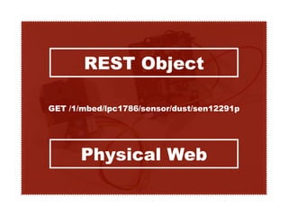 REST Object
GET /1/mbed/lpc1786/sensor/dust/sen12291p
Physical Web
 