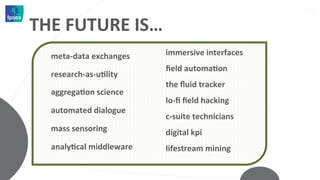 THE	
  FUTURE	
  IS…	
  
   meta-­‐data	
  exchanges	
     immersive	
  interfaces	
  
                                  ﬁeld	
  automaMon	
  
   research-­‐as-­‐uMlity	
  
                                  the	
  ﬂuid	
  tracker	
  
   aggregaMon	
  science	
  
                                  lo-­‐ﬁ	
  ﬁeld	
  hacking	
  
   automated	
  dialogue	
  
                                  c-­‐suite	
  technicians	
  
   mass	
  sensoring	
            digital	
  kpi	
  
   analyMcal	
  middleware	
      lifestream	
  mining	
  
   	
                             	
  
 