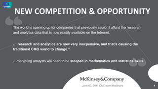 NEW	
  COMPETITION	
  &	
  OPPORTUNITY	
  
The world is opening up for companies that previously couldn’t afford the research
and analytics data that is now readily available on the Internet.


… research and analytics are now very inexpensive, and that’s causing the
traditional CMO world to change.”


…marketing analysts will need to be steeped in mathematics and statistics skills.




                                            June 03, 2011 CMO.com/McKinsey           4	
  
 