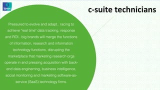c-­‐suite	
  technicians	
  
  Pressured to evolve and adapt.. racing to
 achieve "real time" data tracking, response
and ROI.. big brands will merge the functions
   of information, research and information
     technology functions, disrupting the
  marketplace that marketing research orgs
operate in and pressing acquisition with back-
 end data enginerring, business intelligence,
social monitoring and marketing software-as-
      service (SaaS) technology ﬁrms.
 