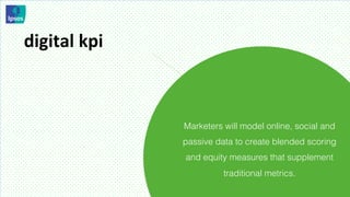 digital	
  kpi	
  	
  



                         Marketers will model online, social and
                         passive data to create blended scoring
                         and equity measures that supplement
                                   traditional metrics.
 