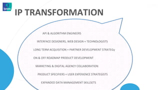 IP	
  TRANSFORMATION	
  
    	
  	
  	
  	
  	
  	
  	
  	
  	
  	
  	
  	
  	
  API	
  &	
  ALGORITHM	
  ENGINEERS	
  

    	
  	
  	
  	
  	
  INTERFACE	
  DESIGNERS,	
  WEB	
  DESIGN	
  +	
  TECHNOLOGISTS	
  

    LONG	
  TERM	
  ACQUISITION	
  +	
  PARTNER	
  DEVELOPMENT	
  STRATEGy	
  

    ON	
  &	
  OFF	
  ROADMAP	
  PRODUCT	
  DEVELOPMENT	
  

    	
  	
  	
  MARKETING	
  &	
  DIGITAL	
  AGENCY	
  COLLABORATION	
  

    	
  	
  	
  	
  	
  	
  PRODUCT	
  SPECIFIERS	
  +	
  USER	
  EXPERIENCE	
  STRATEGISTS	
  

    	
  	
  	
  	
  	
  	
  	
  	
  	
  	
  	
  EXPANDED	
  DATA	
  MANAGEMENT	
  SKILLSETS	
  
 