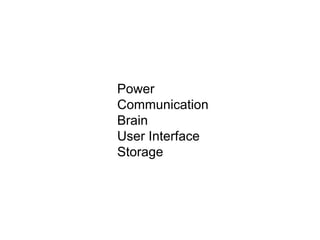 Power
Communication
Brain
User Interface
Storage
 