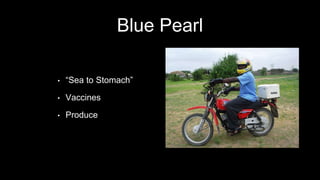 Blue Pearl
• “Sea to Stomach”
• Vaccines
• Produce
 