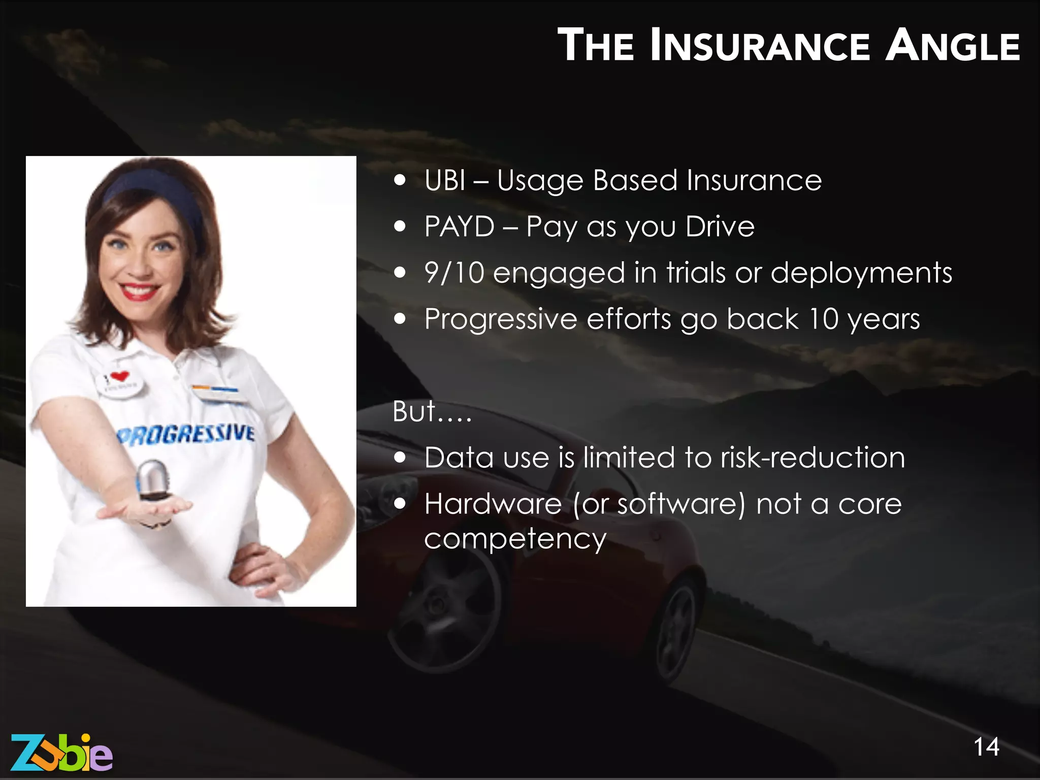 THE INSURANCE ANGLE
14
—  UBI – Usage Based Insurance
—  PAYD – Pay as you Drive
—  9/10 engaged in trials or deployments
—  Progressive efforts go back 10 years
But….
—  Data use is limited to risk-reduction
—  Hardware (or software) not a core
competency
 