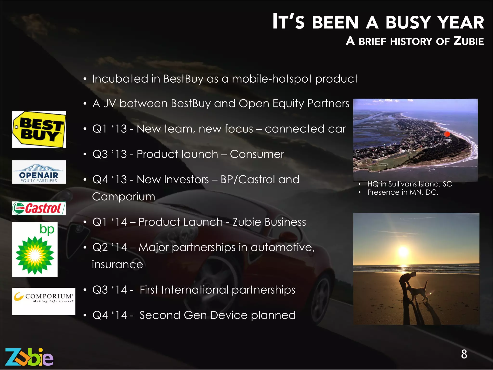 IT’S BEEN A BUSY YEAR
A BRIEF HISTORY OF ZUBIE
8
•  Incubated in BestBuy as a mobile-hotspot product
•  A JV between BestBuy and Open Equity Partners
•  Q1 ‘13 - New team, new focus – connected car
•  Q3 ’13 - Product launch – Consumer
•  Q4 ‘13 - New Investors – BP/Castrol and
Comporium
•  Q1 ‘14 – Product Launch - Zubie Business
•  Q2 ’14 – Major partnerships in automotive,
insurance
•  Q3 ‘14 - First International partnerships
•  Q4 ‘14 - Second Gen Device planned
•  HQ in Sullivans Island, SC
•  Presence in MN, DC,
 