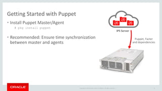 Copyright © 2014 Oracle and/or its affiliates. All rights reserved. |
Getting Started with Puppet
• Install Puppet Master/Agent
# pkg install puppet
• Recommended: Ensure time synchronization
between master and agents
12
IPS Server
Puppet, Facter
and dependencies
 
