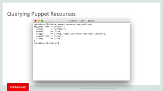 Copyright © 2014 Oracle and/or its affiliates. All rights reserved. |
Querying Puppet Resources
20
 