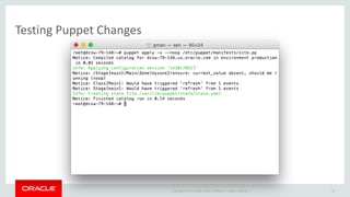 Copyright © 2014 Oracle and/or its affiliates. All rights reserved. |
Testing Puppet Changes
22
 
