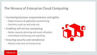 Copyright © 2014 Oracle and/or its affiliates. All rights reserved. |
The Nirvana of Enterprise Cloud Computing
• Increasing business responsiveness and agility
– Rapid resource & application provisioning
– Seamless scale up and scale out
• Enabling self-service computing
– Better capacity planning and asset utilization
– Centralized monitoring and reporting
• Ensuring security and compliance
– Reduce costs due to human error
 