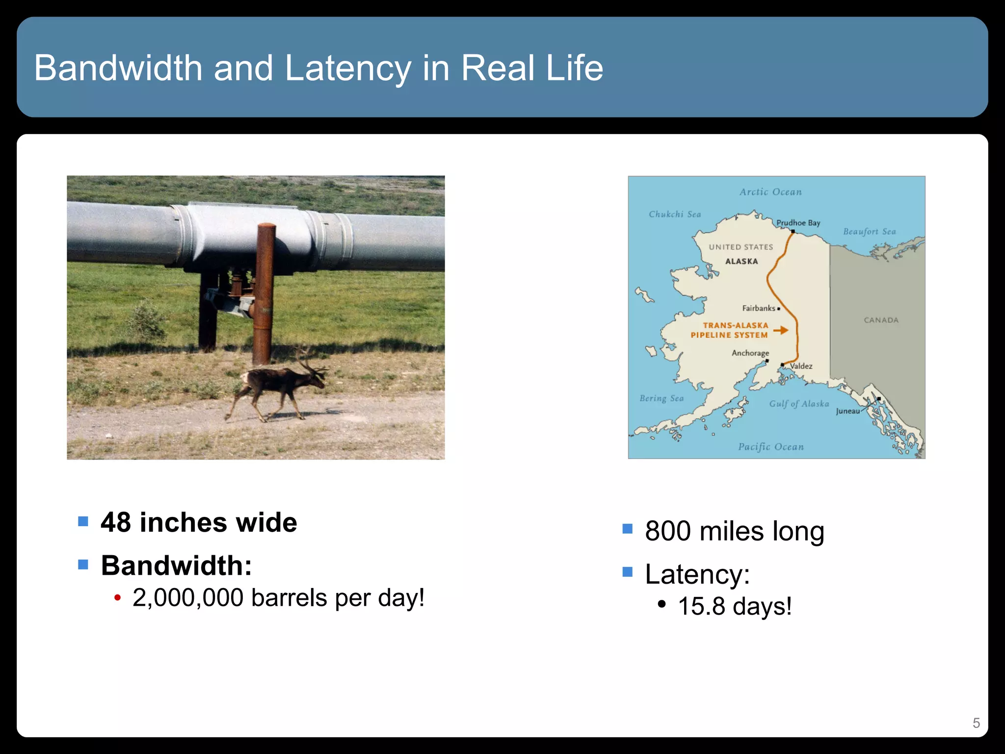 Bandwidth and Latency in Real Life 48 inches wide Bandwidth: 2,000,000 barrels per day! 800 miles long Latency: 15.8 days! 