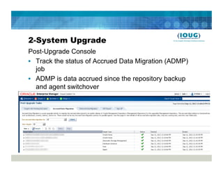 2-System Upgrade
Post-Upgrade Console
•  Track the status of Accrued Data Migration (ADMP)
   job
•  ADMP is data accrued since the repository backup
   and agent switchover
 