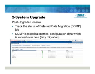 2-System Upgrade
Post-Upgrade Console
•  Track the status of Deferred Data Migration (DDMP)
   job
•  DDMP is historical metrics, configuration data which
   is moved over time (lazy migration)
 