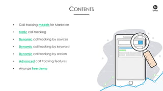 2
• Call tracking models for Marketers
• Static call tracking
• Dynamic call tracking by sources
• Dynamic call tracking by keyword
• Dynamic call tracking by session
• Advanced call tracking features
• Arrange free demo
CONTENTS
 