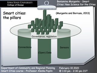 Beniamino Murgante - Smart
Cities: New Science for the Cities
Department of Community and Regional Planning
Smart Cities course - Professor Alenka Poplin
February 10 2021
@ 1:10 pm - 2:30 pm CST
Connections Sensors
(Open) Data
Governance, regulation
Smart cities:
the pillars
(Murgante and Borruso, 2013)
 