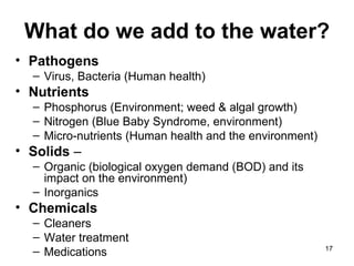 What do we add to the water? Pathogens Virus, Bacteria (Human health)  Nutrients Phosphorus (Environment; weed & algal growth) Nitrogen (Blue Baby Syndrome, environment) Micro-nutrients (Human health and the environment)  Solids  –  Organic (biological oxygen demand (BOD) and its impact on the environment)  Inorganics  Chemicals   Cleaners Water treatment Medications 