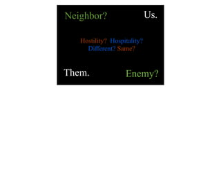 Neighbor?                    Us.

   Hostility? Hospitality?
     Different? Same?


Them.              Enemy?
 