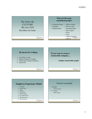 11/18/11	
  




                                                    Who are the most
                                                    committed people?
          The better the
            CULTURE                        •  Volunteers/Charity   •    Make no money
                                           •  Campaign             •    Part of a cause
           The less PAY                    •  Student athletes     •    Something bigger
         becomes an issue                                          •    Direct impact
                                                                   •    Proud
                                                                   •    Team
                                                                   •    “Special fraternity”
                                                                   •    Fight for




         Be known for 4 things
                                           If you want to create a
                                           memorable company…
 1.      Great Place to work
 2.      Superior Experience Training
 3.      World Class Customer Experience                 Employ memorable people
 4.      Opportunity




Employee Experience Model                           Turnover occurring?
   1.    Sourcing                          •  90 Days
   2.    Interviewing                        –  Slower process
   3.    Hiring                            •  2+ years
   4.    Orientation                         –  More carrots
   5.    Skill Training
   6.    Six month review
   7.    One year review
   8.    Never/Always




                                                                                                        7	
  
 
