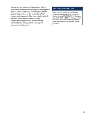 The current perspective of ‘regionalism’ affords
multiple counties and communities to leverage each
other’s assets, institutions, infrastructure, talent
pool, and operations to the mutual benefit of
citizens and companies alike. Increasingly, federal
agencies and programs are encouraging
combinations of grants and delivery among
transportation, infrastructure, housing, and
economic development.




                                                       16
 
