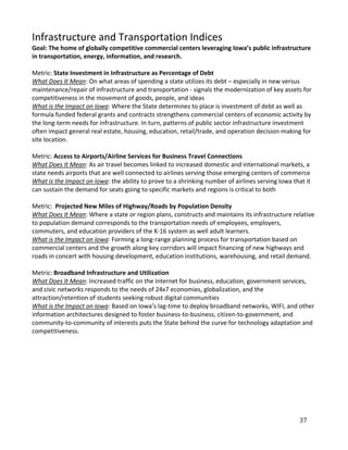 Infrastructure and Transportation Indices
Goal: The home of globally competitive commercial centers leveraging Iowa’s public infrastructure
in transportation, energy, information, and research.

Metric: State Investment in Infrastructure as Percentage of Debt
What Does It Mean: On what areas of spending a state utilizes its debt – especially in new versus
maintenance/repair of infrastructure and transportation - signals the modernization of key assets for
competitiveness in the movement of goods, people, and ideas
What is the Impact on Iowa: Where the State determines to place is investment of debt as well as
formula funded federal grants and contracts strengthens commercial centers of economic activity by
the long-term needs for infrastructure. In turn, patterns of public sector infrastructure investment
often impact general real estate, housing, education, retail/trade, and operation decision-making for
site location.

Metric: Access to Airports/Airline Services for Business Travel Connections
What Does It Mean: As air travel becomes linked to increased domestic and international markets, a
state needs airports that are well connected to airlines serving those emerging centers of commerce
What is the Impact on Iowa: the ability to prove to a shrinking number of airlines serving Iowa that it
can sustain the demand for seats going to specific markets and regions is critical to both

Metric: Projected New Miles of Highway/Roads by Population Density
What Does It Mean: Where a state or region plans, constructs and maintains its infrastructure relative
to population demand corresponds to the transportation needs of employees, employers,
commuters, and education providers of the K-16 system as well adult learners.
What is the Impact on Iowa: Forming a long-range planning process for transportation based on
commercial centers and the growth along key corridors will impact financing of new highways and
roads in concert with housing development, education institutions, warehousing, and retail demand.

Metric: Broadband Infrastructure and Utilization
What Does It Mean: Increased traffic on the Internet for business, education, government services,
and civic networks responds to the needs of 24x7 economies, globalization, and the
attraction/retention of students seeking robust digital communities
What is the Impact on Iowa: Based on Iowa’s lag-time to deploy broadband networks, WIFI, and other
information architectures designed to foster business-to-business, citizen-to-government, and
community-to-community of interests puts the State behind the curve for technology adaptation and
competitiveness.




                                                                                                  37
 