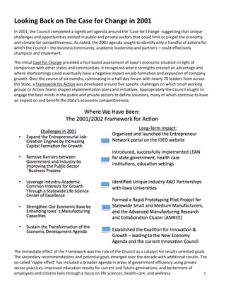 Looking Back on The Case for Change in 2001
In 2001, the Council completed a significant agenda around the ‘Case for Change’ suggesting that unique
challenges and opportunities existed in public and private sectors that could limit or propel the economy
and climate for competitiveness. As noted, the 2001 agenda sought to identify only a handful of actions for
which the Council – the business community, academic leadership and partners – could effectively
champion and implement.

The initial Case for Change provided a fact-based assessment of Iowa’s economic situation in light of
comparison with other states and communities. It recognized where strengths created an advantage and
where shortcomings could eventually have a negative impact on job-formation and expansion of company
growth. Over the course of six months, culminating in a half-day forum with nearly 70 leaders from across
the State, a Framework for Action was developed around five specific challenges on which small working
groups or Action Teams shaped implementation plans and initiatives. Appropriately the Council sought to
engage the best minds in the public and private sectors to define solutions, many of which continue to have
an impact on and benefit the State’s economic competitiveness.




The immediate effect of the Framework was the role of the Council as a catalyst for results-oriented goals.
The secondary recommendations and potential goals emerged over the decade with additional results. The
so-called ‘ripple effect’ has included a broader agenda in areas of government efficiency using private

                                                                                                          7
sector practices, improved education results for current and future generations, and betterment of
employees and citizens lives through a focus on life sciences, health-care, and wellness.
 