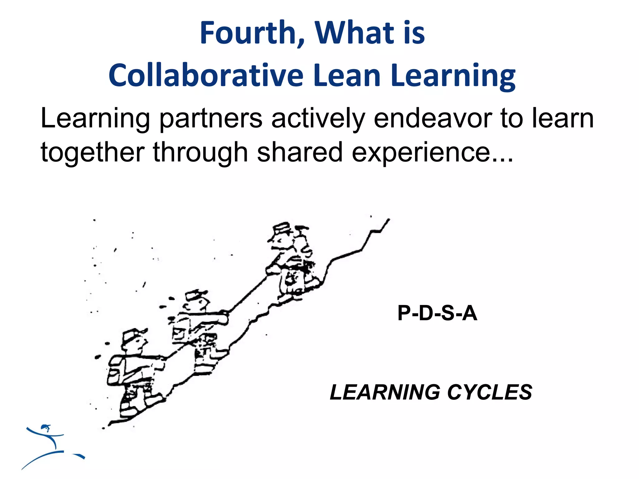 Fourth, What is
     Collaborative Lean Learning
Learning partners actively endeavor to learn
together through shared experience...




                            P-D-S-A
                                 t

                      LEARNING CYCLES
 