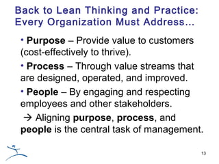Back to Lean Thinking and Practice:
Every Organization Must Address…
 • Purpose – Provide value to customers
 (cost-effect...