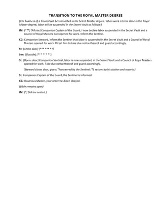 TRANSITION TO THE ROYAL MASTER DEGREE
(The business of a Council will be transacted in the Select Master degree. When work is to be done in the Royal
Master degree, labor will be suspended in the Secret Vault as follows:)
IM: (***) (All rise) Companion Captain of the Guard, I now declare labor suspended in the Secret Vault and a
Council of Royal Masters duly opened for work. Inform the Sentnel.
CG: Companion Steward, inform the Sentnel that labor is suspended in the Secret Vault and a Council of Royal
Masters opened for work. Direct him to take due notce thereof and guard accordingly.
St: (At the door) (*** *** **).
Sen: (Outside) (*** *** **).
St: (Opens door) Companion Sentnel, labor is now suspended in the Secret Vault and a Council of Royal Masters
opened for work. Take due notce thereof and guard accordingly.
(Steward closes door, gives (*) answered by the Sentnel (*), returns to his staton and reports:)
St: Companion Captain of the Guard, the Sentnel is informed.
CG: Illustrious Master, your order has been obeyed.
(Bible remains open)
IM: (*) (All are seated.)
 