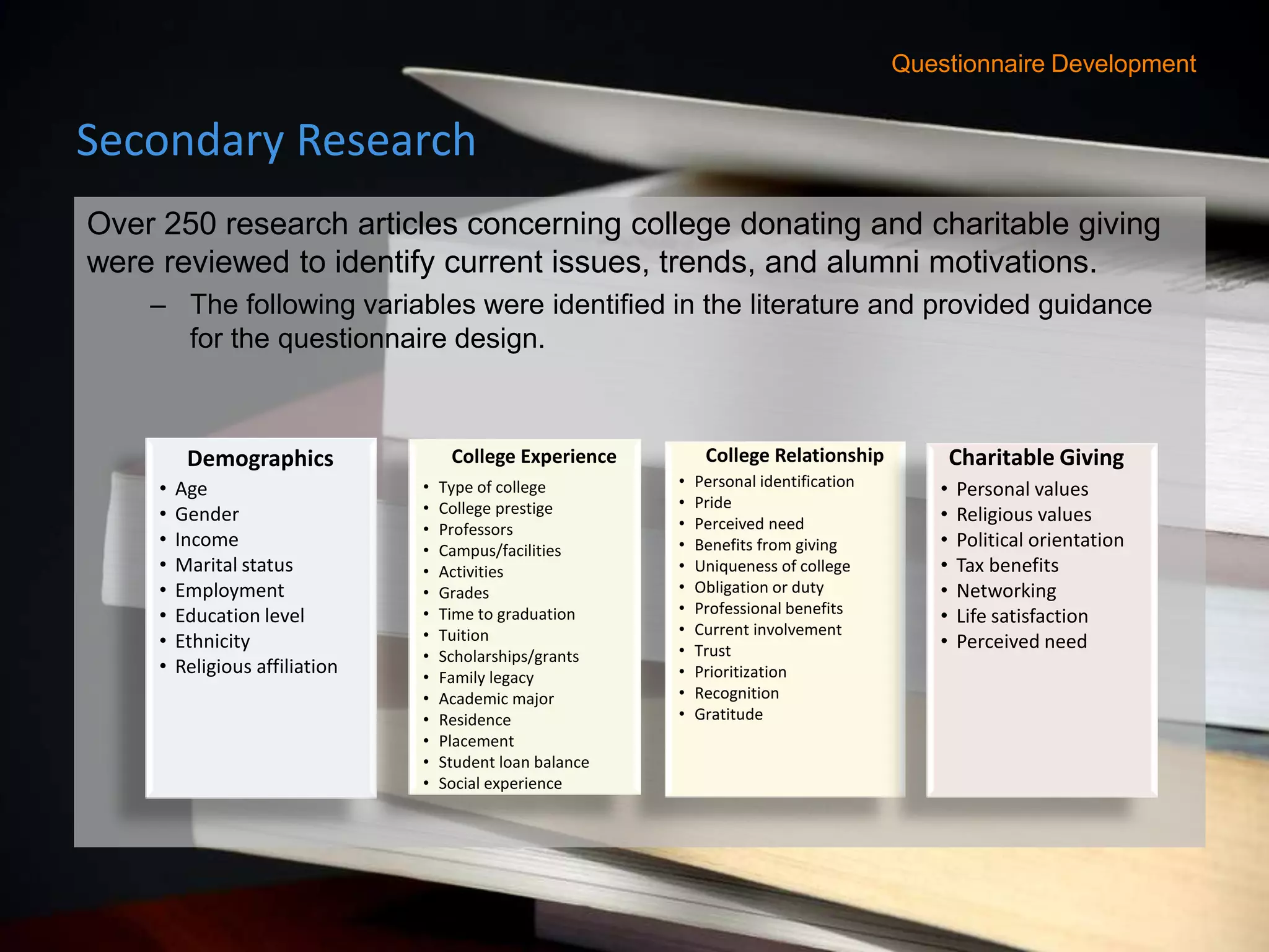 Questionnaire Development


Secondary Research
Over 250 research articles concerning college donating and charitable giving
were reviewed to identify current issues, trends, and alumni motivations.
    – The following variables were identified in the literature and provided guidance
      for the questionnaire design.



          Demographics                College Experience         College Relationship             Charitable Giving
     •   Age                     •   Type of college        •   Personal identification       •   Personal values
                                 •   College prestige       •   Pride
     •   Gender                                             •   Perceived need                •   Religious values
                                 •   Professors
     •   Income                  •   Campus/facilities      •   Benefits from giving          •   Political orientation
     •   Marital status          •   Activities             •   Uniqueness of college         •   Tax benefits
     •   Employment              •   Grades                 •   Obligation or duty            •   Networking
     •   Education level         •   Time to graduation     •   Professional benefits         •   Life satisfaction
                                 •   Tuition                •   Current involvement
     •   Ethnicity                                          •   Trust                         •   Perceived need
                                 •   Scholarships/grants
     •   Religious affiliation   •   Family legacy          •   Prioritization
                                 •   Academic major         •   Recognition
                                 •   Residence              •   Gratitude
                                 •   Placement
                                 •   Student loan balance
                                 •   Social experience
 