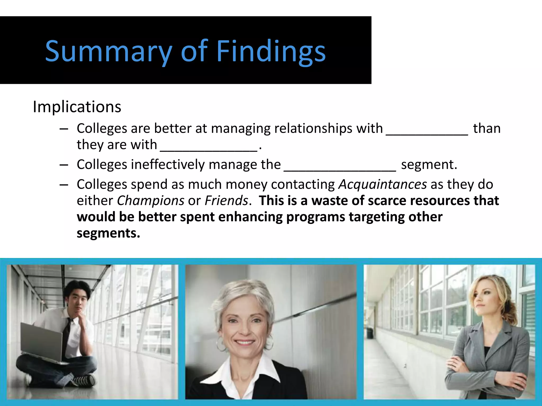 Summary of Findings
Implications
   – Colleges are better at managing relationships with ___________ than
     they are with _____________.
   – Colleges ineffectively manage the _______________ segment.
   – Colleges spend as much money contacting Acquaintances as they do
     either Champions or Friends. This is a waste of scarce resources that
     would be better spent enhancing programs targeting other
     segments.
 