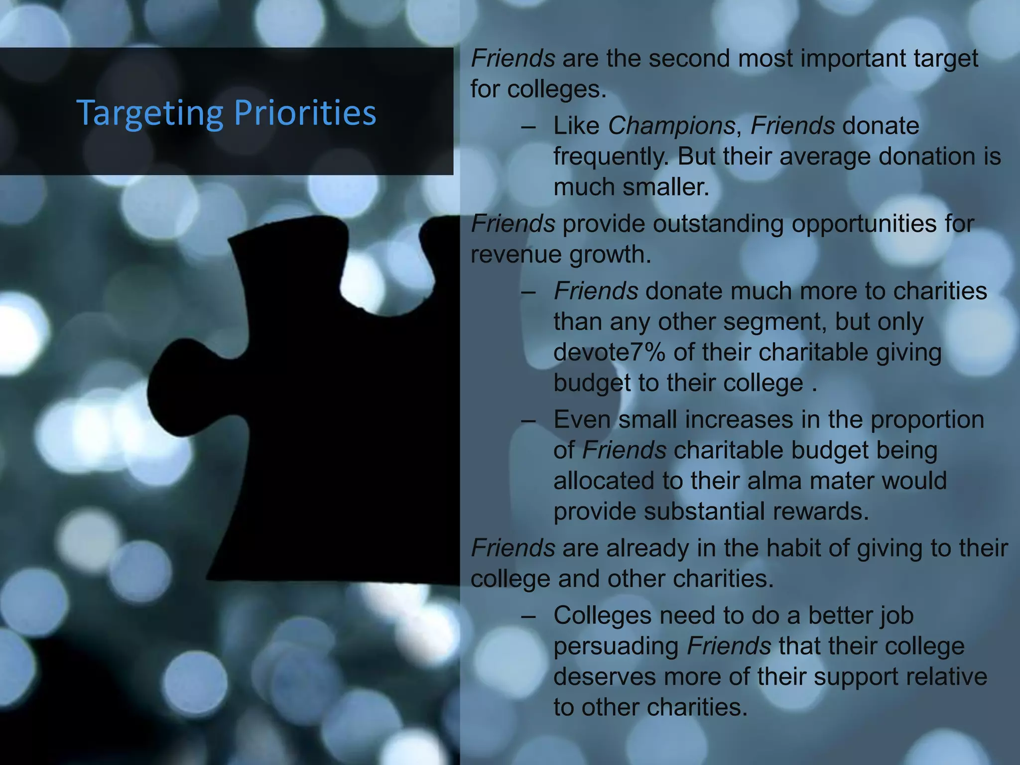 Friends are the second most important target
                       for colleges.
Targeting Priorities        – Like Champions, Friends donate
                                frequently. But their average donation is
                                much smaller.
                       Friends provide outstanding opportunities for
                       revenue growth.
                            – Friends donate much more to charities
                                than any other segment, but only
                                devote7% of their charitable giving
                                budget to their college .
                            – Even small increases in the proportion
                                of Friends charitable budget being
                                allocated to their alma mater would
                                provide substantial rewards.
                       Friends are already in the habit of giving to their
                       college and other charities.
                            – Colleges need to do a better job
                                persuading Friends that their college
                                deserves more of their support relative
                                to other charities.
 
