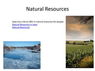 Natural Resources
Iowa has a lot to offer in natural resources for people.
Natural Resources in Iowa
Natrual Resources
 