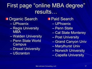 First page “online MBA degree” results… <ul><li>Organic Search </li></ul><ul><ul><li>UPhoenix </li></ul></ul><ul><ul><li>R...