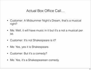 Actual Box Office Call… 
• Customer: A Midsummer Night's Dream, that's a musical 
right? 
• Me: Well, it will have music in it but it's a not a musical per 
se. 
• Customer: It's not Shakespeare is it? 
• Me: Yes, yes it is Shakespeare. 
• Customer: But it's a comedy? 
• Me: Yes, it's a Shakespearean comedy. 
18 
 