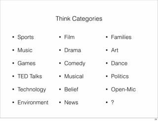 Think Categories 
• Sports 
• Music 
• Games 
• TED Talks 
• Technology 
• Environment 
• Film 
• Drama 
• Comedy 
• Musical 
• Belief 
• News 
• Families 
• Art 
• Dance 
• Politics 
• Open-Mic 
• ? 
24 
 