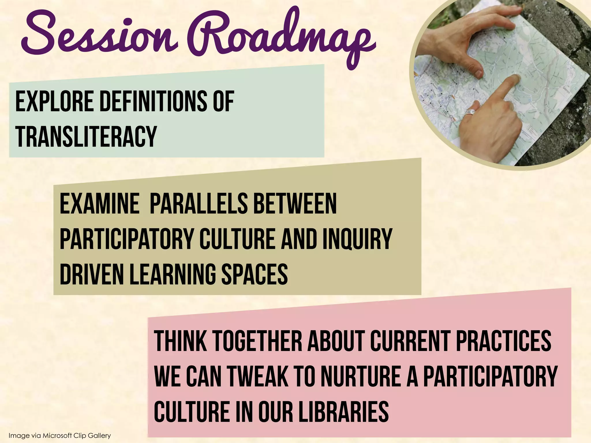 Session Roadmap




Image via Microsoft Clip Gallery
 