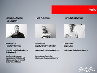 Hello Paul Archer Deputy Creative Director [email_address] facebook.com/lordarcher linkedin.com/in/lpaularchiearcher Dave Rose Copywriter [email_address] Jessye, Anette & Lauren Kofi & Team Linn & Catherine Nicholas Gill Head of Planning [email_address] @nicholasrgill bluurb.wordpress.com facebook.com/nicholas.gill linkedin.com/in/nicholasgill slideshare.net/bluurb 