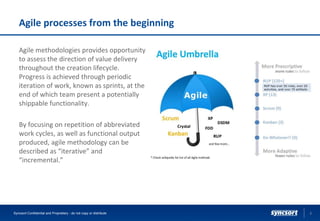 Agile processes from the beginning
Agile methodologies provides opportunity
to assess the direction of value delivery
throughout the creation lifecycle.
Progress is achieved through periodic
iteration of work, known as sprints, at the
end of which team present a potentially
shippable functionality.
By focusing on repetition of abbreviated
work cycles, as well as functional output
produced, agile methodology can be
described as “iterative” and
“incremental.”
5Syncsort Confidential and Proprietary - do not copy or distribute
 