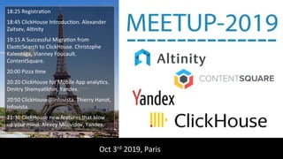 18:25	Registra/on	
18:45	ClickHouse	Introduc/on.	Alexander	
Zaitsev,	Al/nity	
19:15	A	Successful	Migra/on	from	
Elas/cSearch	to	ClickHouse.	Christophe	
Kalenzaga,	Vianney	Foucault.	
ContentSquare.	
20:00	Pizza	/me	
20:20	ClickHouse	for	Mobile	App	analy/cs.	
Dmitry	Shemya/khin,	Yandex.	
20:50	ClickHouse@Infovista.	Thierry	Hanot,	
Infovista.	
21:30	ClickHouse	new	features	that	blow	
up	your	mind.	Alexey	Milovidov,	Yandex.	
Oct	3rd	2019,	Paris	
 