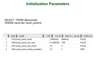 SELECT * FROM v$parameter
WHERE name like 'result_cache%'
Initialisation Parameters
 