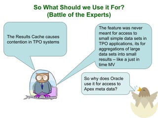 So What Should we Use it For?
(Battle of the Experts)
The feature was never
meant for access to
small simple data sets in
TPO applications, its for
aggregations of large
data sets into small
results – like a just in
time MV
The Results Cache causes
contention in TPO systems
So why does Oracle
use it for access to
Apex meta data?
 