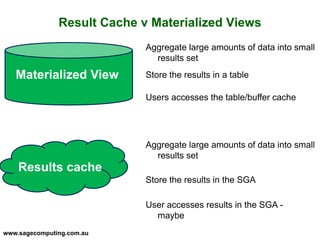 www.sagecomputing.com.au
Result Cache v Materialized Views
Aggregate large amounts of data into small
results set
Store the results in a table
Aggregate large amounts of data into small
results set
Store the results in the SGA
Users accesses the table/buffer cache
User accesses results in the SGA -
maybe
Materialized View
Results cache
 