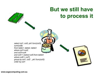 www.sagecomputing.com.au
But we still have
to process it
select col1, col2, pk1.func(col3),
sum(col8)
from table1, table2, table3
where col1=col2
and col3=col4
and col4 > (select col5 from table4
where col6 > col7)
group by col1, col2 , pk1.func(col3)
order by col1
 