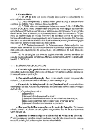 1-10/1-11 
1-5 
IP 1-30 
b. Estado-Maior 
(1) O EM da Bda tem como missão assessorar o comandante no 
exercício do comando. 
(2) O EM compreende o estado-maior geral (EMG), o estado-maior 
especial e o estado-maior pessoal do comandante. 
(3) O EMG, além das seções previstas no manual C 101-5 ESTADO-MAIOR 
E ORDENS, inclui uma seção de prevenção e investigação de acidentes 
aeronáuticos (SPIAA), responsável por assessorar o comandante na prevenção 
de acidentes, buscando sempre a preservação do poder de combate da GU por 
meio da identificação de riscos inerentes da atividade aérea na operação, 
fornecendo dados para a composição do gerenciamento de risco da GU. Executa 
também a supervisão, em nível técnico, dos trabalhos de prevenção e investigação 
de acidentes aeronáuticos das unidades da Bda. 
(4) A 3ª Seção do comando da Bda conta com oficiais adjuntos que 
comporão os elementos de Aviação do Exército nos centros de operações táticas 
dos escalões enquadrantes da Bda Av Ex e, se necessário, de suas peças de 
manobra. 
(5) As atribuições das demais seções de cada um dos membros do 
estado-maior da brigada constam do Manual de Campanha C 101-5 ESTADO-MAIOR 
E ORDENS. 
1-11. ELEMENTOS SUBORDINADOS 
a. Consideração geral - Para maiores detalhes sobre a organização das 
unidades e subunidades pertencentes à Bda, devem ser consultados os respec-tivos 
quadros de organização. 
b. Esquadrilha de Comando - Tem como missão apoiar, em pessoal e 
material, o posto de comando da Bda e prover sua segurança. 
c. Esquadrão de Aviação do Exército (Esqd Av Ex) - É a unidade tática 
de emprego da Bda Av Ex que cumpre toda a diversidade de missões da Aviação 
do Exército. 
(1) Organização sumária: 
(a) comando; 
(b) esquadrilha de comando e apoio; 
(c) esquadrilha de helicópteros de reconhecimento e ataque; 
(d) duas esquadrilhas de helicópteros de emprego geral; 
(e) esquadrilha de manutenção e suprimento. 
d. Companhia de Comunicações de Aviação do Exército - Tem como 
missão prover o apoio de comunicações, integrando a Bda Av Ex ao sistema de 
Com do Esc Sp. 
e. Batalhão de Manutenção e Suprimento de Aviação do Exército - 
Proporciona apoio logístico nas atividades de manutenção e suprimento, na área 
específica da logística de aviação, às unidades da Bda. 
 
