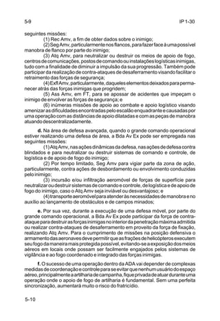 IP 1-30 
5-9 
seguintes missões: 
5-10 
(1) Rec Amv, a fim de obter dados sobre o inimigo; 
(2) Seg Amv, particularmente nos flancos, para fazer face à uma possível 
manobra de flanco por parte do inimigo; 
(3) Atq Amv, para neutralizar ou destruir os meios de apoio de fogo, 
centros de comunicações, postos de comando ou instalações logísticas inimigas, 
tudo com a finalidade de diminuir a impulsão da sua progressão. Também pode 
participar da realização de contra-ataques de desaferramento visando facilitar o 
retraimento das forças de segurança; 
(4) Exfl Amv, particularmente, daqueles elementos deixados para perma-necer 
atrás das forças inimigas que progridem; 
(5) Ass Amv, em FT, para se apossar de acidentes que impeçam o 
inimigo de envolver as forças de segurança; e 
(6) inúmeras missões de apoio ao combate e apoio logístico visando 
amenizar as dificuldades encontradas pelo escalão enquadrante e causadas por 
uma operação com as distâncias de apoio dilatadas e com as peças de manobra 
atuando descentralizadamente. 
d. Na área de defesa avançada, quando o grande comando operacional 
estiver realizando uma defesa de área, a Bda Av Ex pode ser empregada nas 
seguintes missões: 
(1) Atq Amv, nas ações dinâmicas da defesa, nas ações de defesa contra 
blindados e para neutralizar ou destruir sistemas de comando e controle, de 
logística e de apoio de fogo do inimigo; 
(2) Por tempo limitado, Seg Amv para vigiar parte da zona de ação, 
particularmente, contra ações de desbordamento ou envolvimento conduzidas 
pelo inimigo; 
(3) incursão e/ou infiltração aeromóvel de forças de superfície para 
neutralizar ou destruir sistemas de comando e controle, de logística e de apoio de 
fogo do inimigo, caso o Atq Amv seja inviável ou desvantajoso; e 
(4) transporte aeromóvel para atender às necessidades de manobra e no 
auxílio ao lançamento de obstáculos e de campos minados; 
e. Por sua vez, durante a execução de uma defesa móvel, por parte do 
grande comando operacional, a Bda Av Ex pode participar da força de contra-ataque 
para destruir as forças inimigas no interior da penetração máxima admitida 
ou realizar contra-ataques de desaferramento em proveito da força de fixação, 
realizando Atq Amv. Para o cumprimento de missões na posição defensiva o 
armamento das aeronaves deve permitir que as frações de helicópteros executem 
seu fogo da maneira mais protegida possível, evitando-se a exposição dos meios 
aéreos em locais onde possam ser facilmente engajados pelos sistemas de 
vigilância e ao fogo coordenado e integrado das forças inimigas. 
f. O sucesso de uma operação dentro da ADA vai depender de complexas 
medidas de coordenação e controle para se evitar que nenhum usuário do espaço 
aéreo, principalmente a artilharia de campanha, fique privada de atuar durante uma 
operação onde o apoio de fogo de artilharia é fundamental. Sem uma perfeita 
sincronização, aumentará muito o risco do fratricídio. 
 