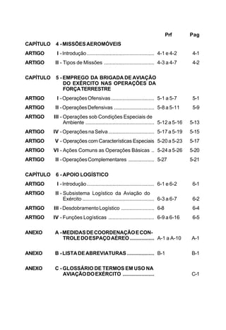 Prf Pag 
CAPÍTULO 4 - MISSÕES AEROMÓVEIS 
ARTIGO I - Introdução ............................................... 4-1 e 4-2 4-1 
ARTIGO II - Tipos de Missões ................................... 4-3 a 4-7 4-2 
CAPÍTULO 5 - EMPREGO DA BRIGADA DE AVIAÇÃO 
DO EXÉRCITO NAS OPERAÇÕES DA 
FORÇA TERRESTRE 
ARTIGO I - Operações Ofensivas .............................. 5-1 a 5-7 5-1 
ARTIGO II - Operações Defensivas ............................ 5-8 a 5-11 5-9 
ARTIGO III - Operações sob Condições Especiais de 
Ambiente ................................................ 5-12 a 5-16 5-13 
ARTIGO IV - Operações na Selva ................................ 5-17 a 5-19 5-15 
ARTIGO V - Operações com Características Especiais 5-20 a 5-23 5-17 
ARTIGO VI - Ações Comuns as Operações Básicas .. 5-24 a 5-26 5-20 
ARTIGO II - Operações Complementares .................. 5-27 5-21 
CAPÍTULO 6 - APOIO LOGÍSTICO 
ARTIGO I - Introdução ............................................... 6-1 e 6-2 6-1 
ARTIGO II - Subsistema Logístico da Aviação do 
Exército .................................................. 6-3 a 6-7 6-2 
ARTIGO III - Desdobramento Logístico ....................... 6-8 6-4 
ARTIGO IV - Funções Logísticas ................................ 6-9 a 6-16 6-5 
ANEXO A - MEDIDAS DE COORDENAÇÃO E CON-TROLE 
DO ESPAÇO AÉREO ................. A-1 a A-10 A-1 
ANEXO B - LISTA DE ABREVIATURAS ................... B-1 B-1 
ANEXO C - GLOSSÁRIO DE TERMOS EM USO NA 
AVIAÇÃO DO EXÉRCITO ...................... C-1 
 